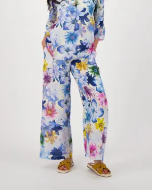 Blue Floral Print Linen Wide Leg Pant