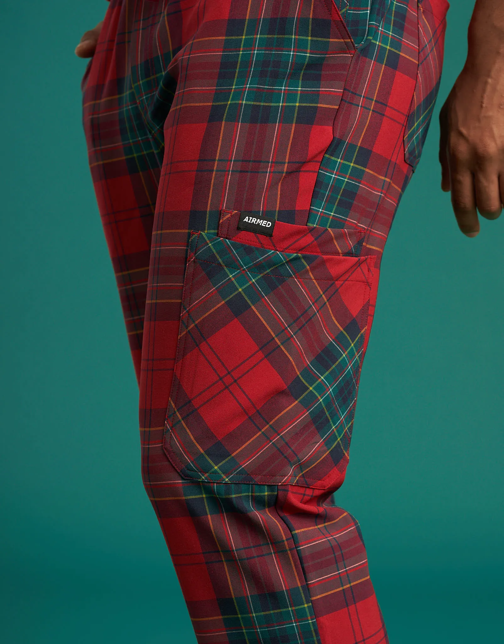 Essential Multi-Pocket Scrub Pants - Christmas Red Tartan