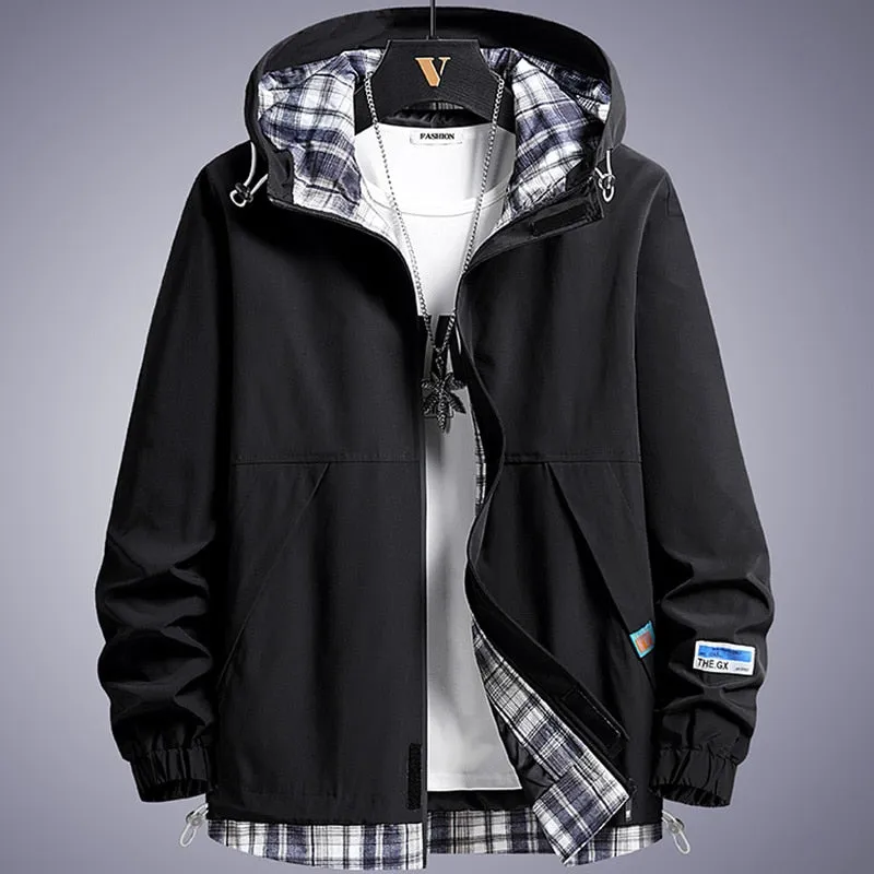 Men's Windbreaker Jackets Spring Autumn Fashion Patchwork Plaid Hooded Coat Male Clothing Casual Jackets 8XL