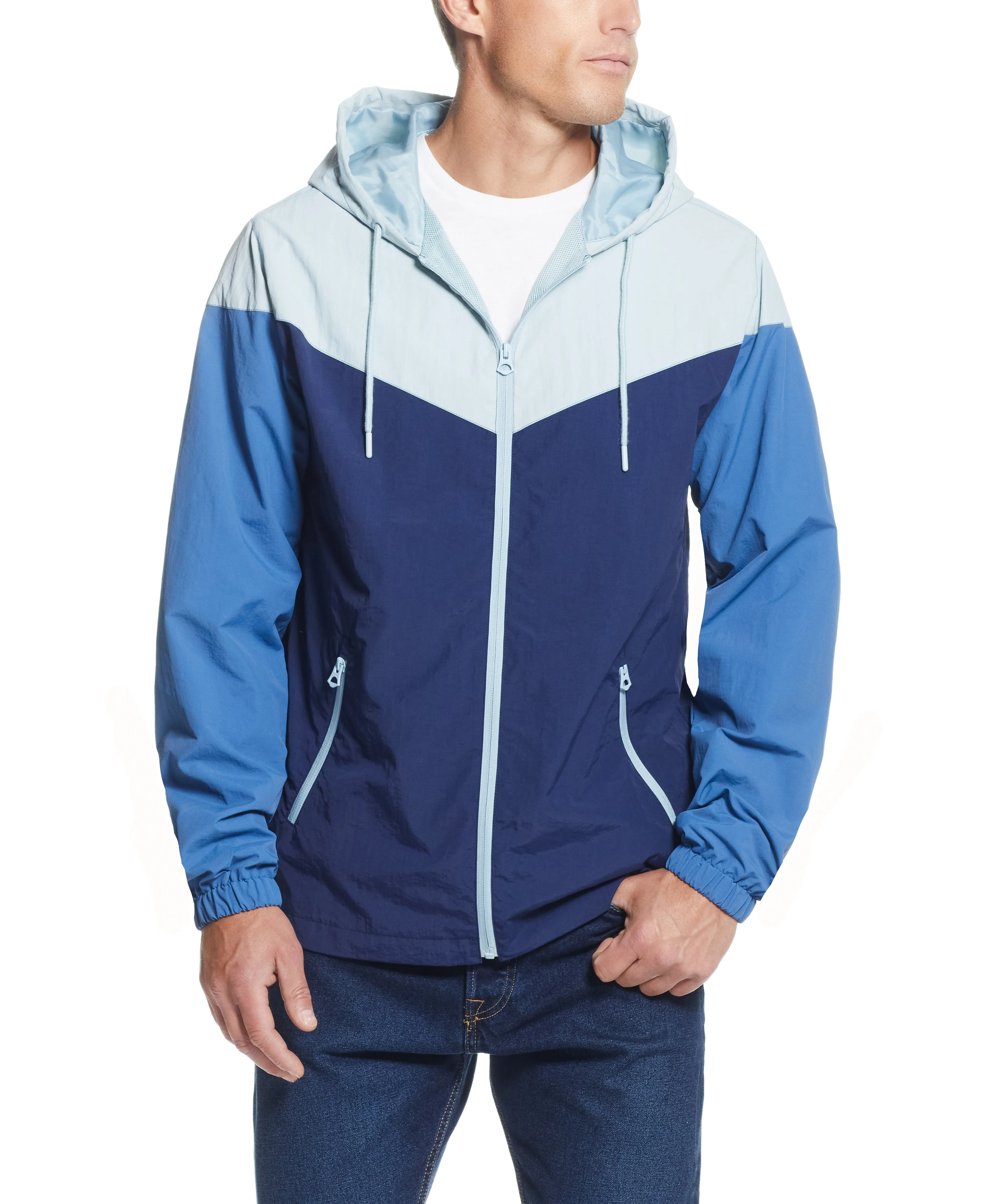 Nylon Zip Up Color Block With Hood In Federal Blue