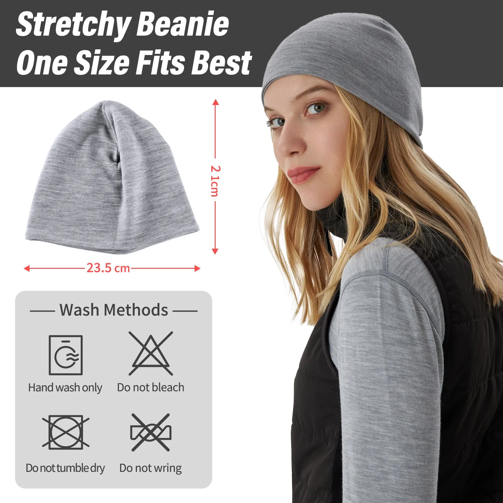 Unisex 100% Merino Wool Beanie Heather Grey - MT14