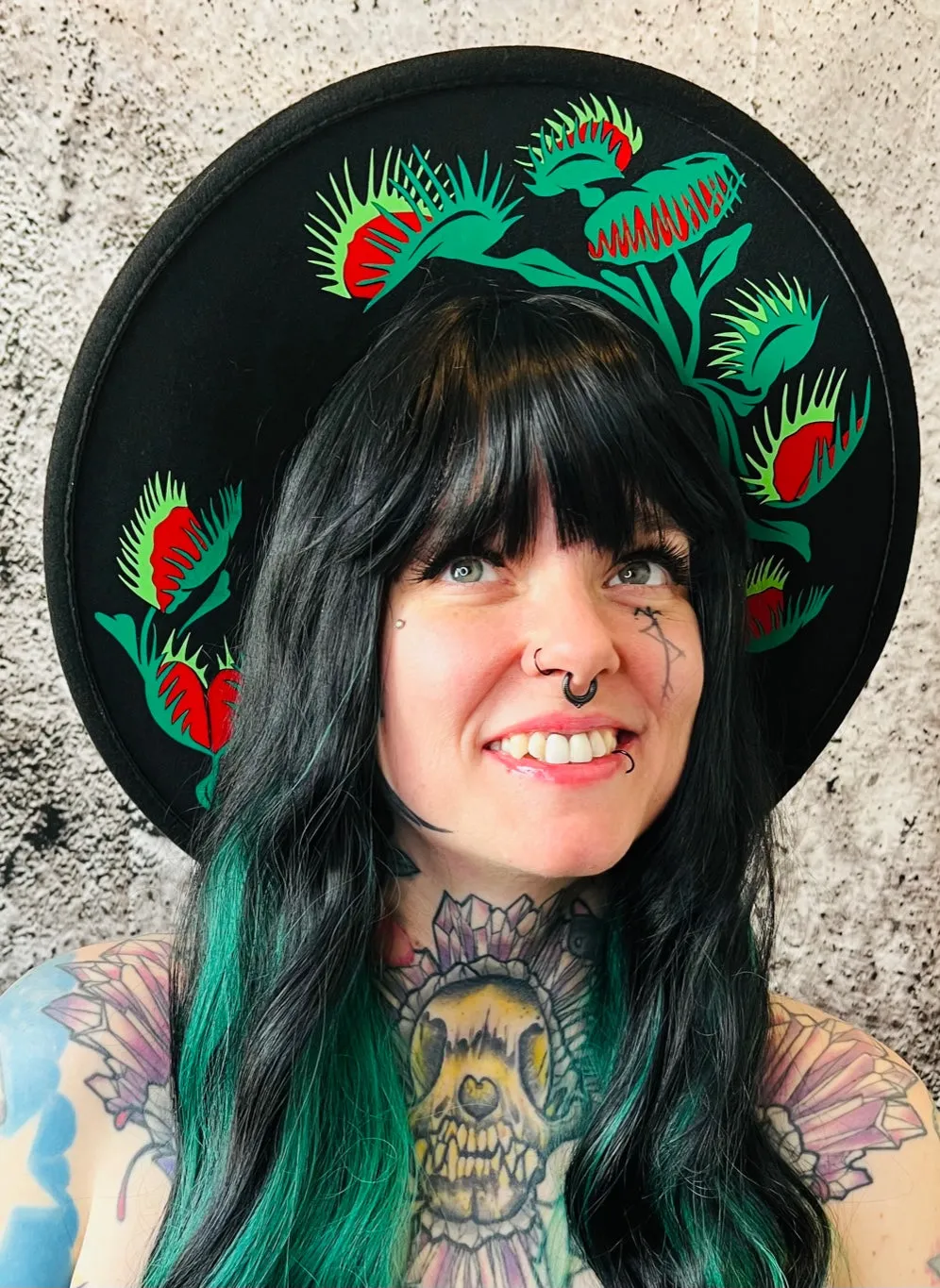 Vegan Felt Wide Brim Hat - XL Brim - "Venus Fly Traps"