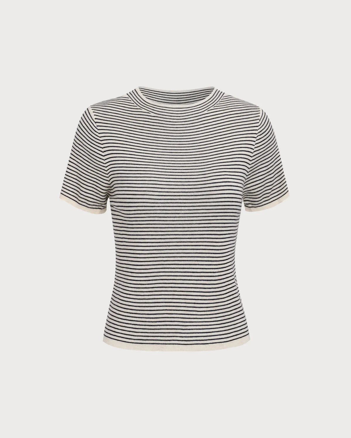 Women's Black Round Neck Striped Tee